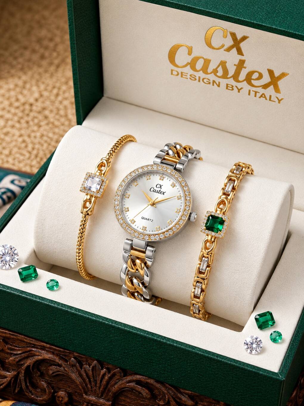 Caslex 093 Women’s Premium Watch Luxury Box & Bass Light - Silver Gold White