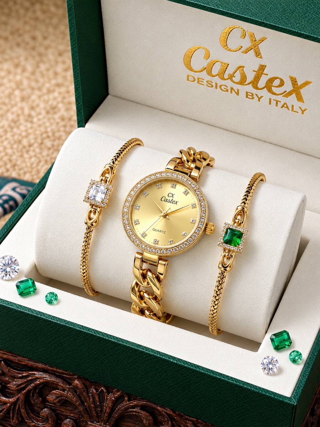Caslex 093 Women’s Premium Watch Luxury Box & Bass Light - Gold