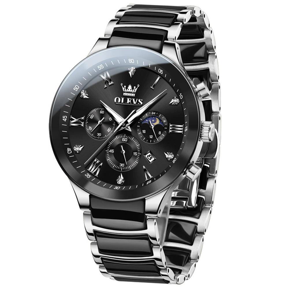 OLEVS 7004 Men's Ceramic Quartz Watch - Silver Black